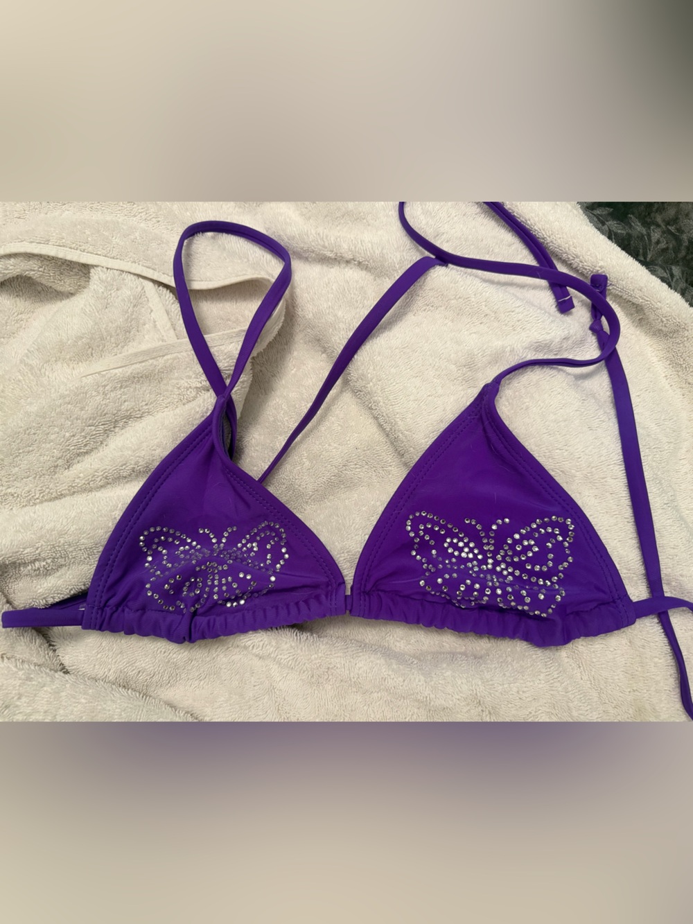 Purple Rhinestone Butterfly Triangle Bikini Top